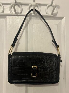 Mango Black Croc-Embossed Shoulder Bag with Gold Hardware
